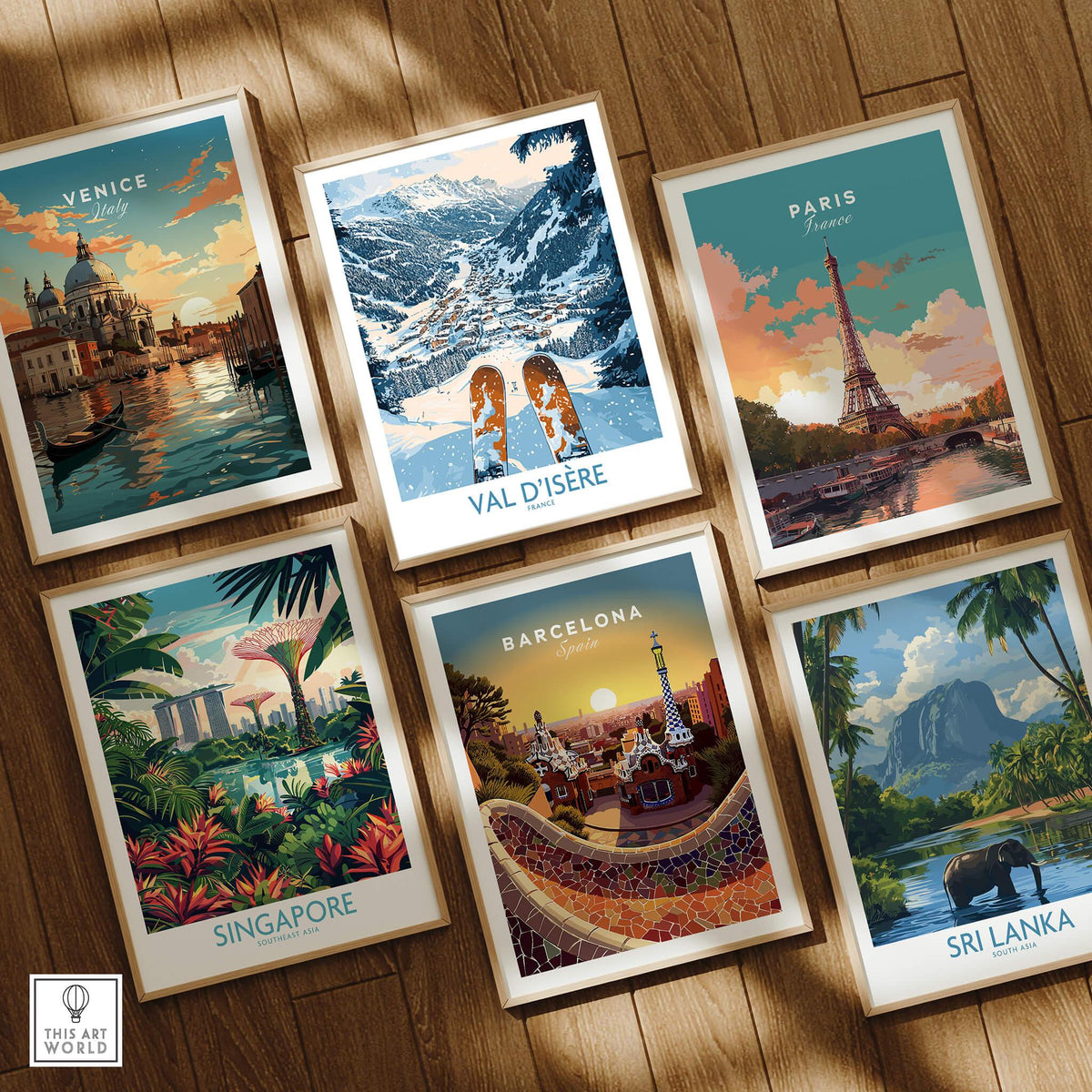 Collection of travel art prints including Val d'isere Poster, featuring stunning ski scenery.
