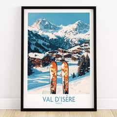 Val-d'Isère Ski Poster featuring a picturesque mountain landscape and ski equipment in the foreground.