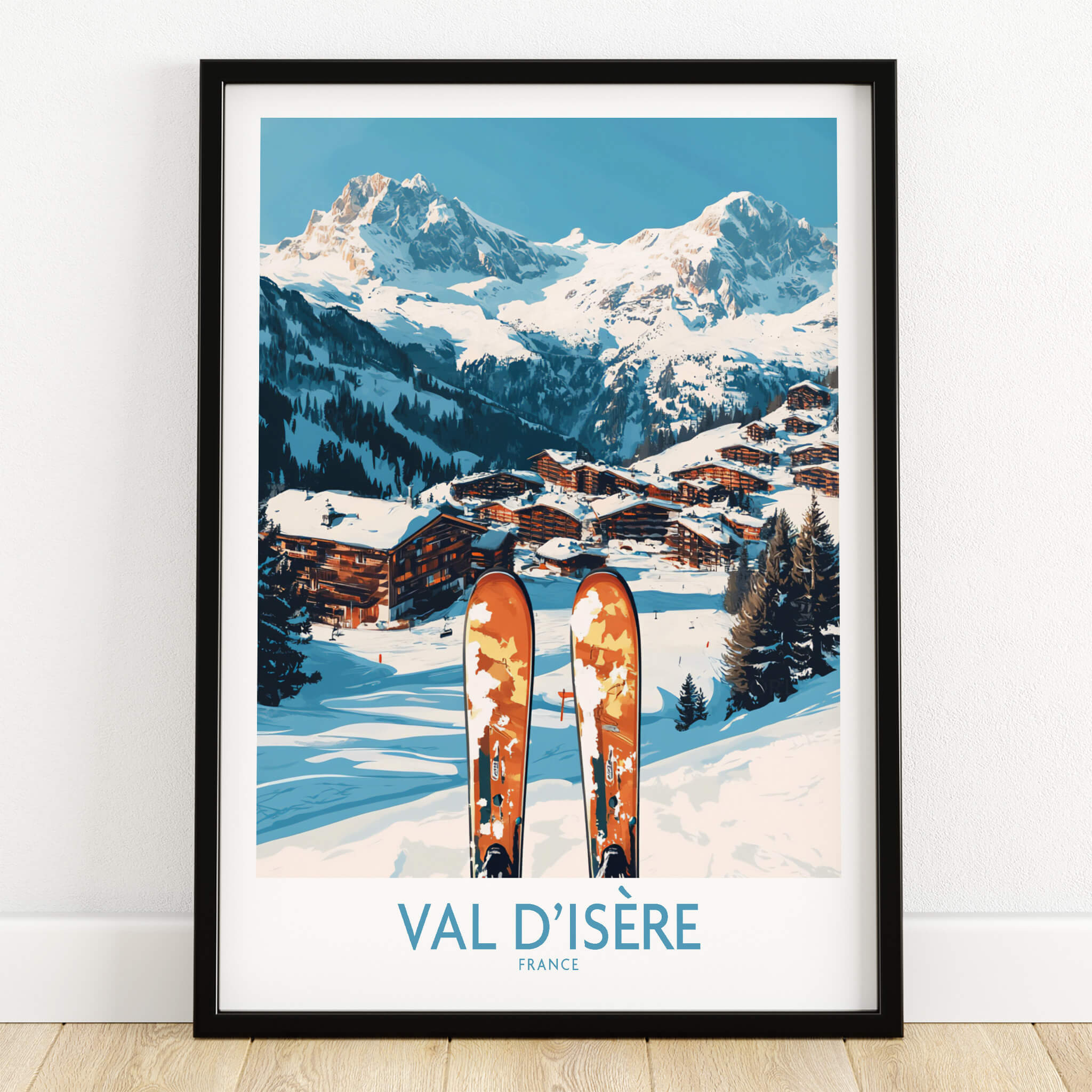 Val-d'Isère Ski Poster featuring a picturesque mountain landscape and ski equipment in the foreground.