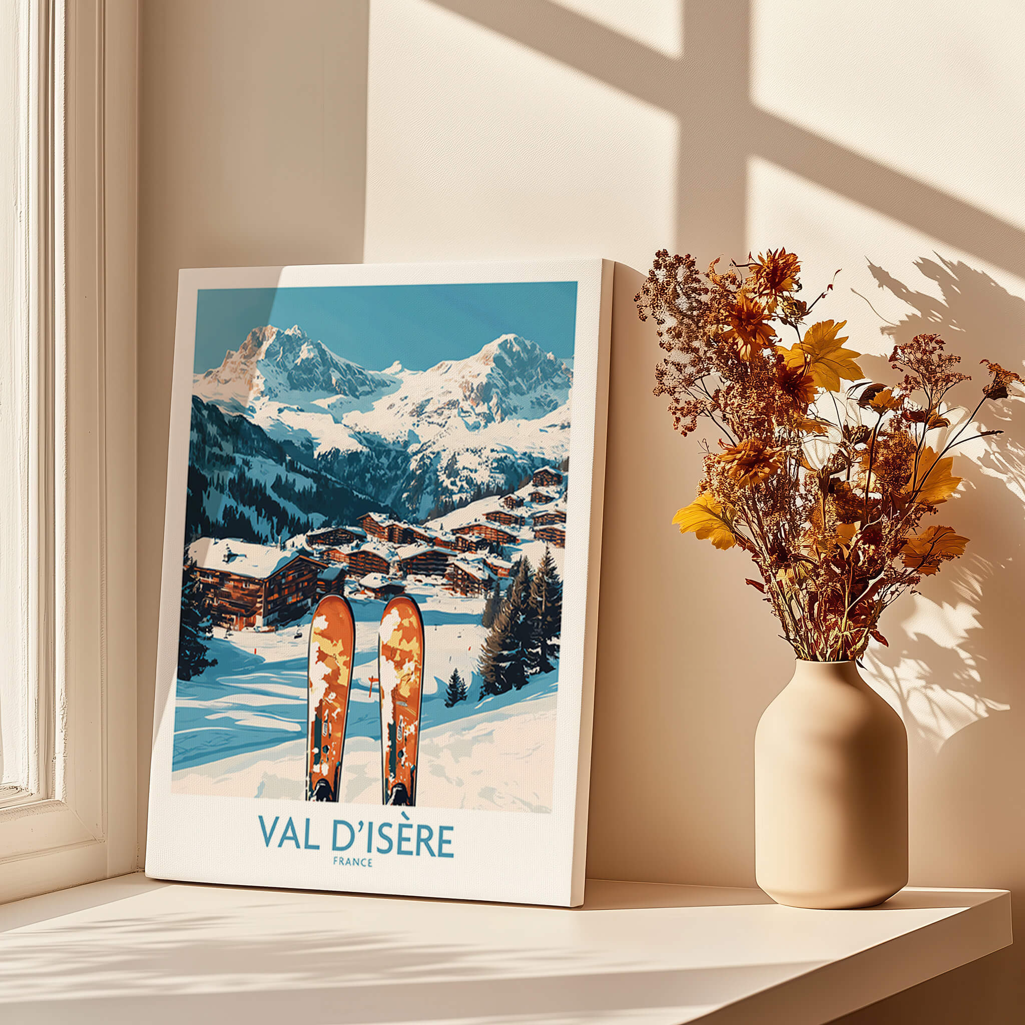 Val-d'Isère Ski Poster showcasing stunning winter landscape with skis and a cozy home setting.