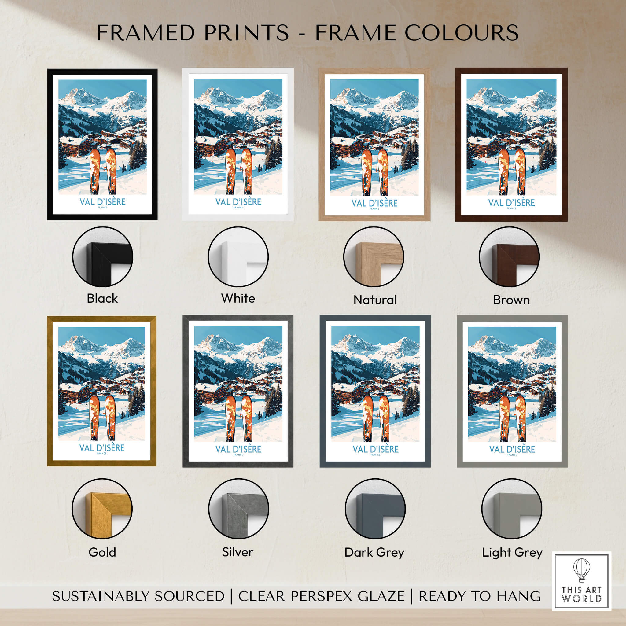Val-d'Isère Ski Poster framed in various colors including black, white, natural, and brown options.
