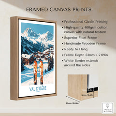 Val-d'Isère Ski Poster framed canvas print featuring snowy mountains and ski gear; handmade wooden frame.