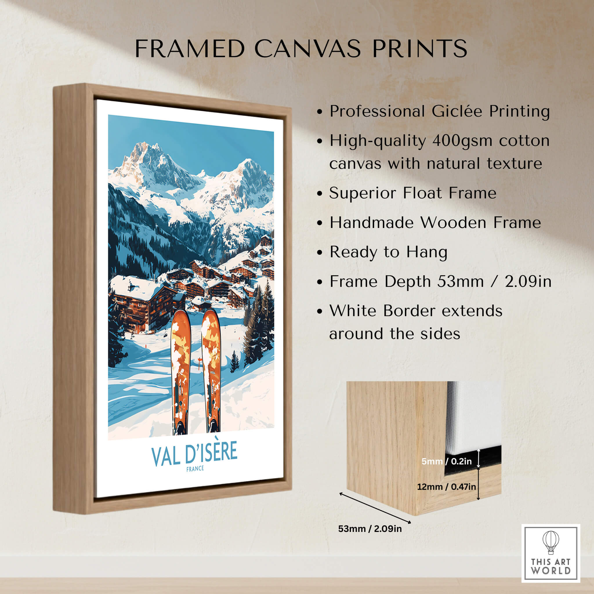 Val-d'Isère Ski Poster framed canvas print featuring snowy mountains and ski gear; handmade wooden frame.