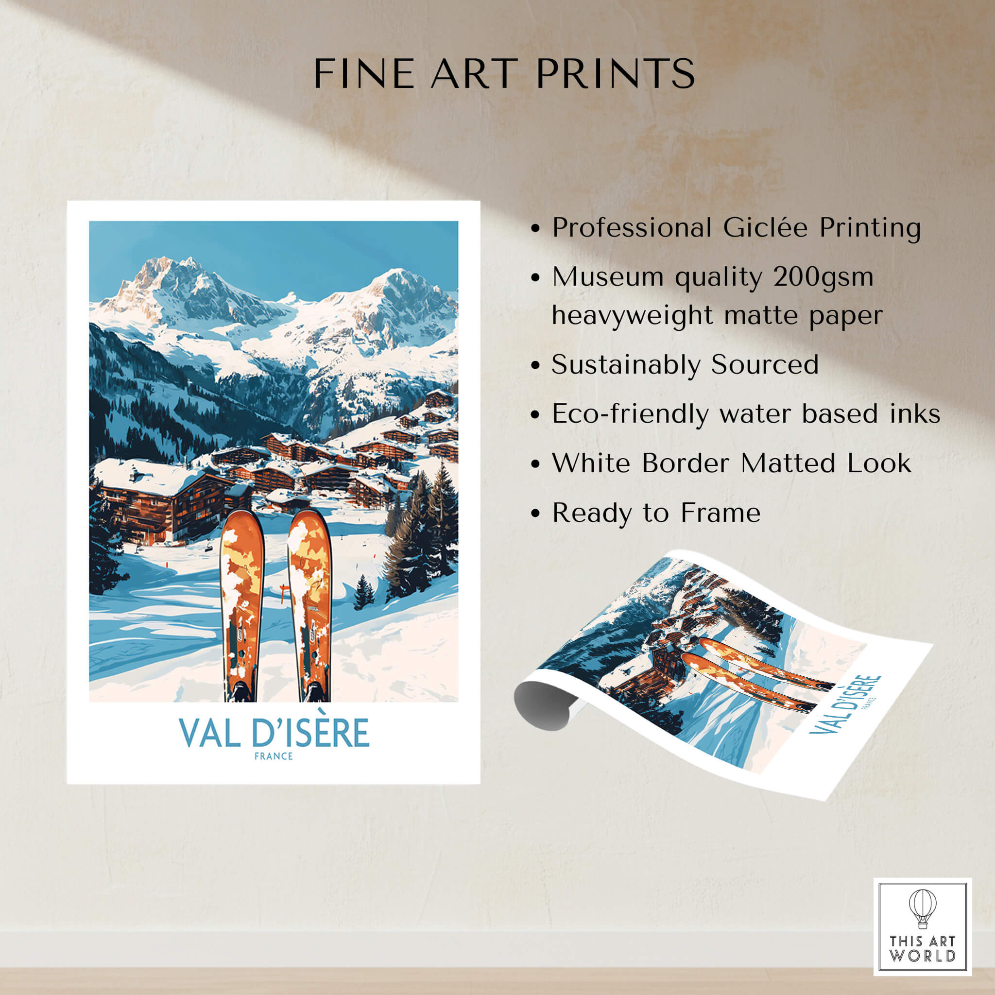 Val-d'Isère Ski Poster featuring professional Giclée printing and a stunning winter landscape.