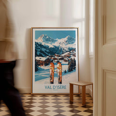 Val-d'Isère Ski Poster featuring stunning mountain scenery and skis, perfect for ski wall art decor.