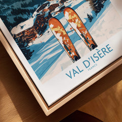 Val-d'Isère Ski Poster featuring vibrant skis on snow-covered slopes, capturing the essence of winter adventure in Val-d'Isère.