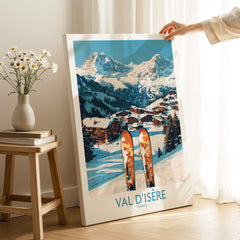 Val-d'Isère Ski Poster featuring stunning mountain scenery and ski equipment, perfect for winter sports enthusiasts.