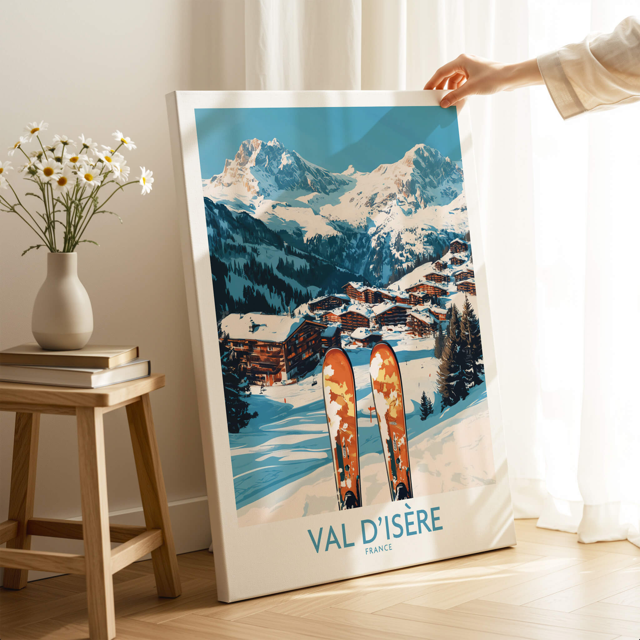 Val-d'Isère Ski Poster featuring stunning mountain scenery and ski equipment, perfect for winter sports enthusiasts.