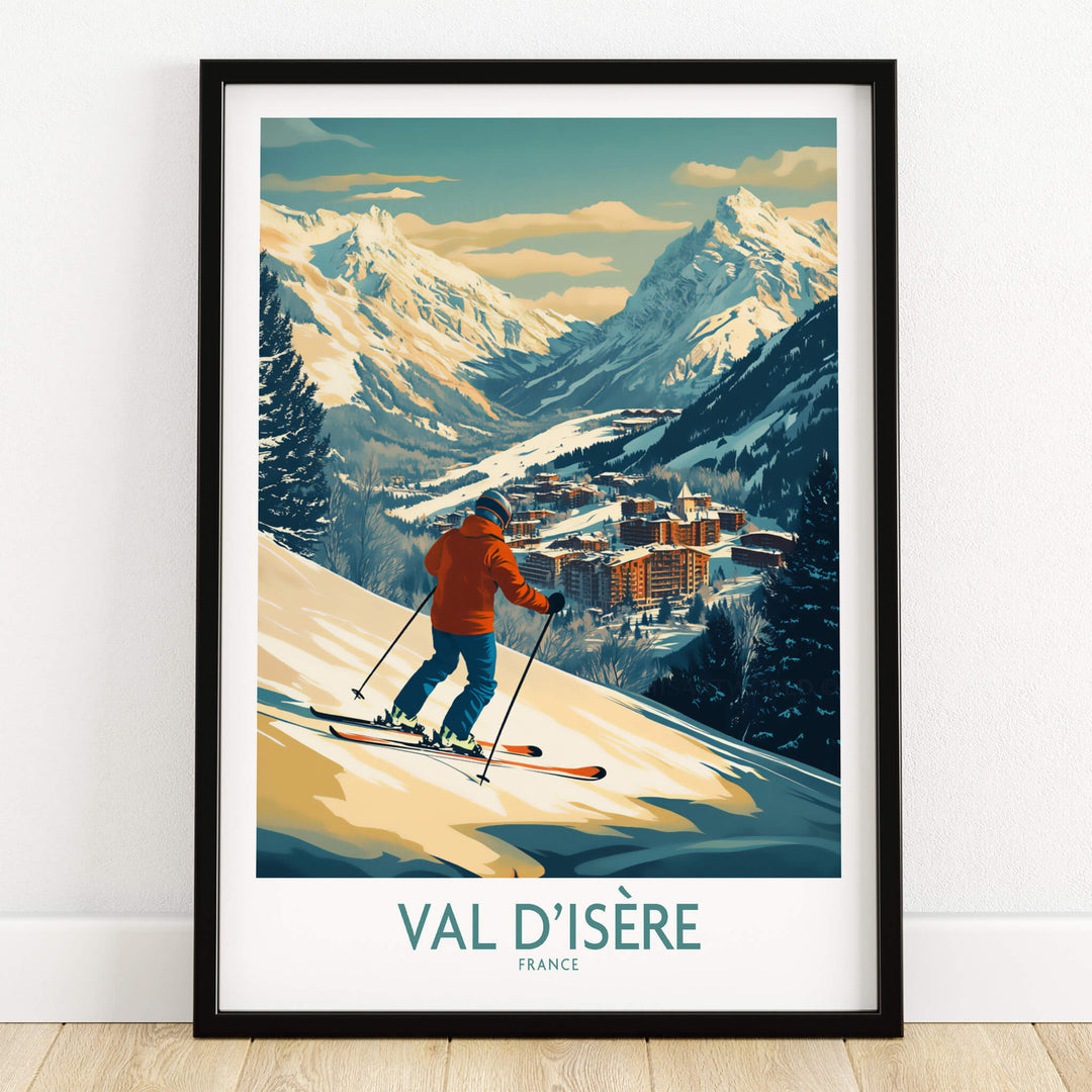 Val-d'Isère Wall Art Ski Poster featuring a skier on snowy slopes with mountains and village in background.