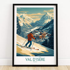 Val-d'Isère Wall Art Ski Poster featuring a skier on snowy slopes with mountains and village in background.