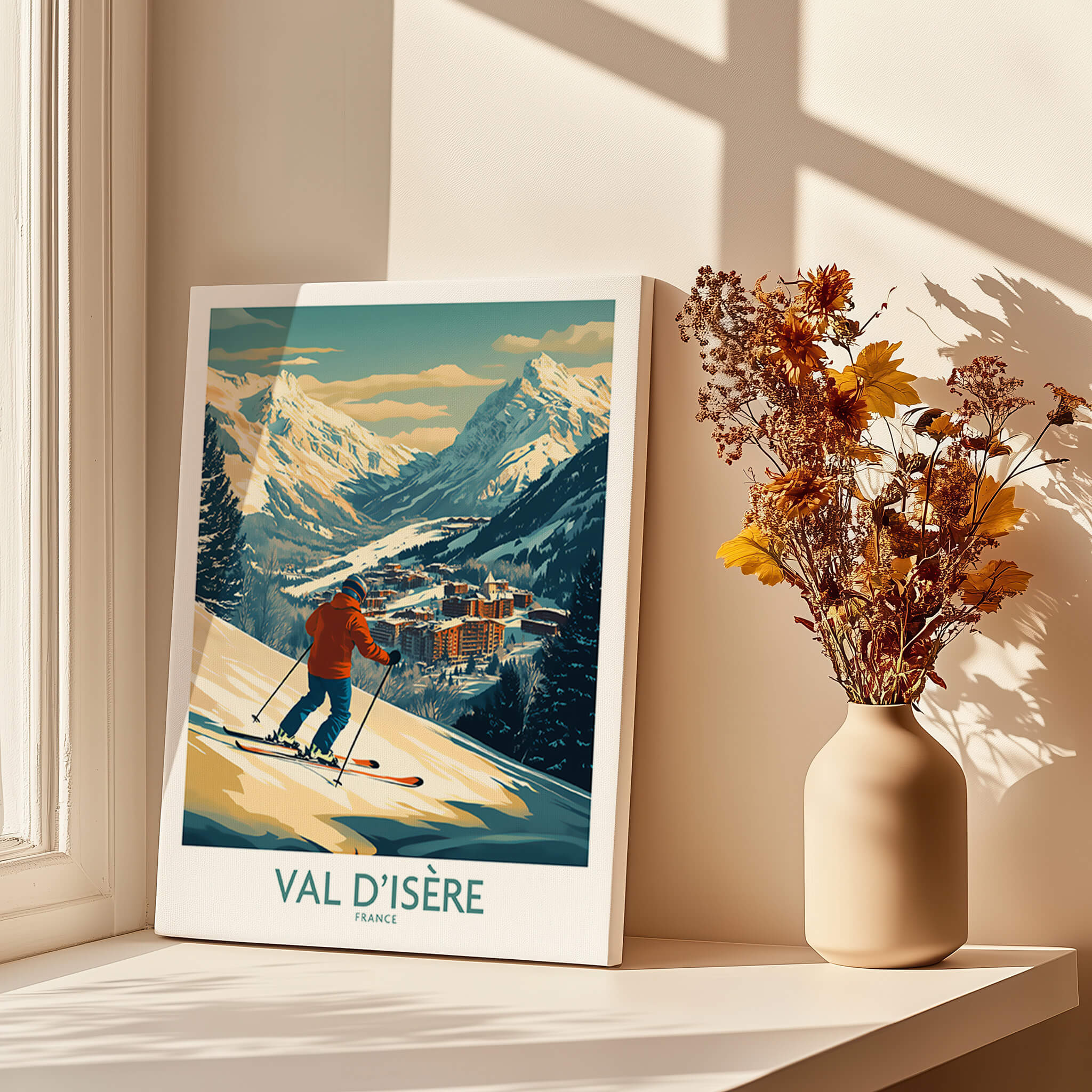 Val-d'Isère Wall Art Ski Poster showcasing a skier on the slopes with stunning mountains in the background.