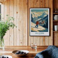 Val-d'Isère Wall Art Ski Poster featuring a skier against a stunning mountain backdrop, perfect for ski enthusiasts.
