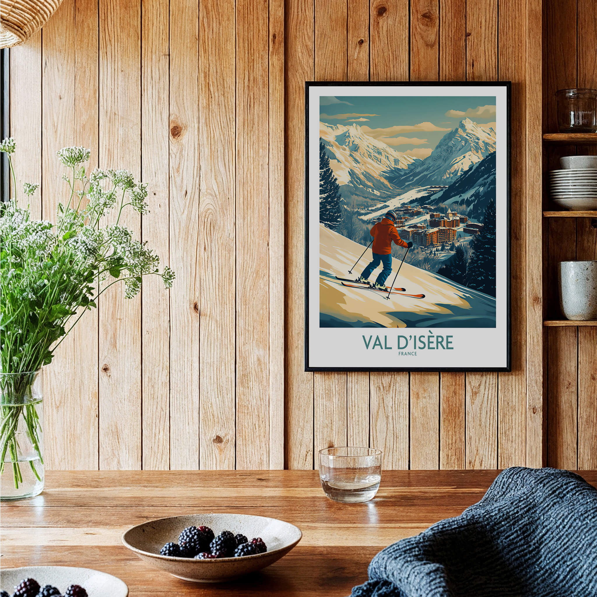 Val-d'Isère Wall Art Ski Poster featuring a skier against a stunning mountain backdrop, perfect for ski enthusiasts.
