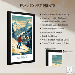 Val-d'Isère Wall Art Ski Poster featuring a skier in a framed print with mountains in the background.