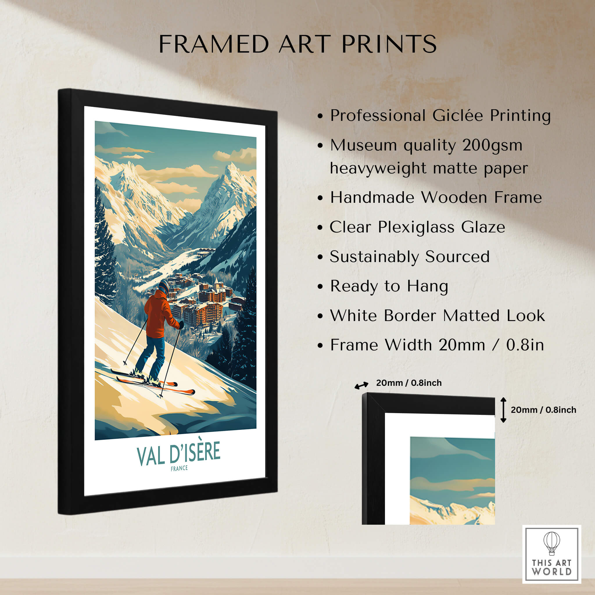 Val-d'Isère Wall Art Ski Poster featuring a skier in a framed print with mountains in the background.