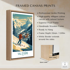 Val-d'Isère Wall Art Ski Poster framed canvas print showcasing skiing in the beautiful Val-d'Isère landscape.