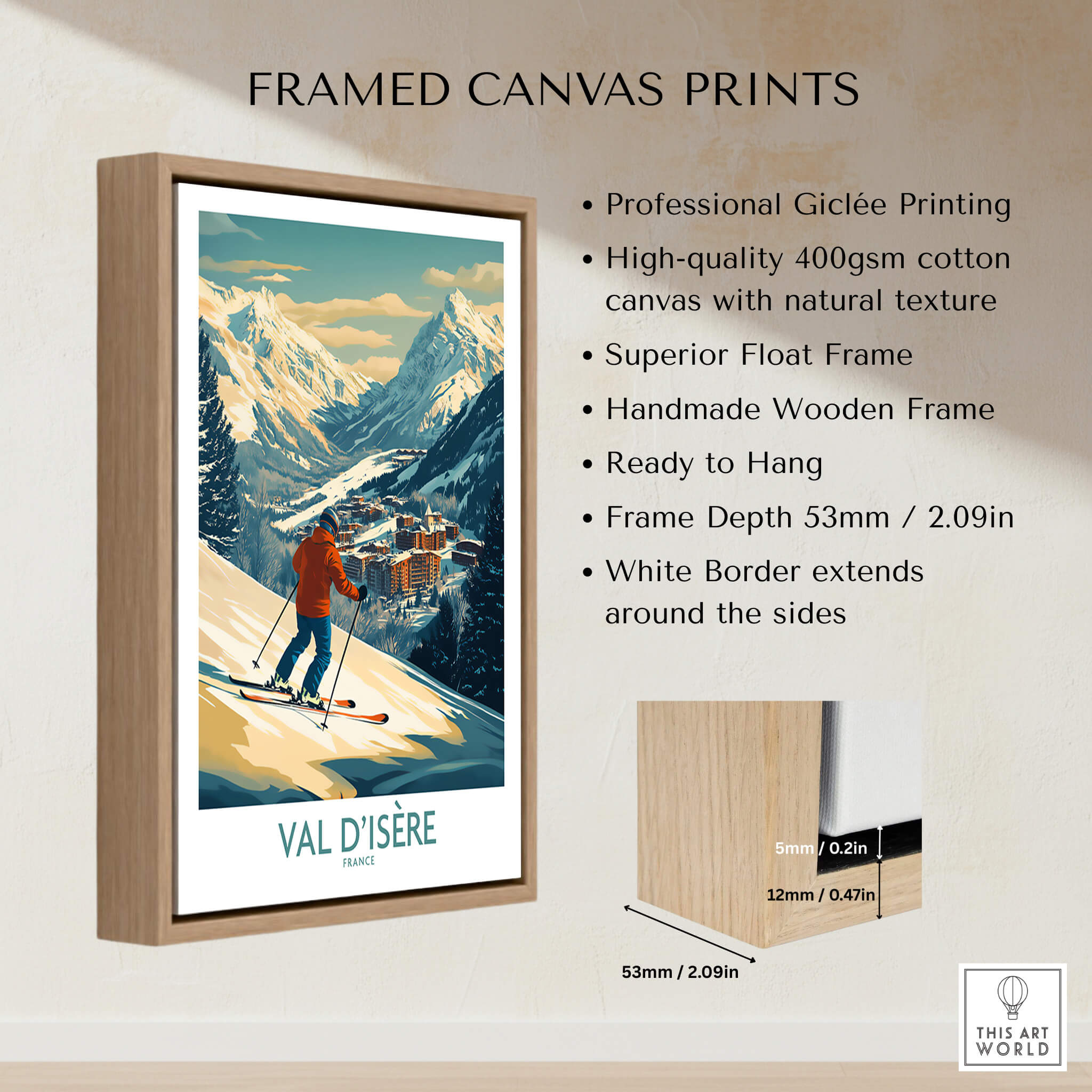 Val-d'Isère Wall Art Ski Poster framed canvas print showcasing skiing in the beautiful Val-d'Isère landscape.