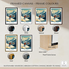 Val-d'Isère Wall Art Ski Poster displayed in various frame colors including black, white, natural, brown, gold, and silver.