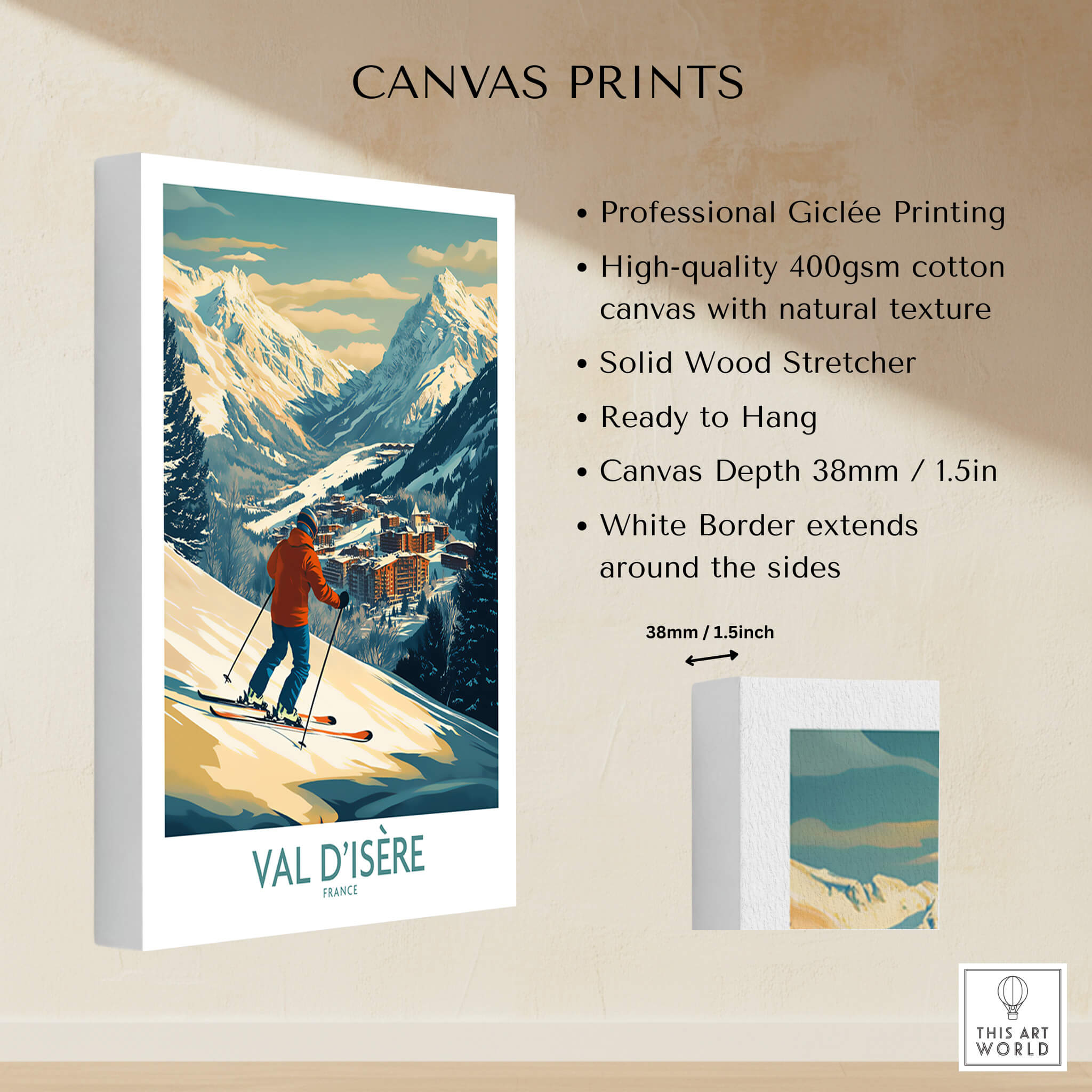 Val-d'Isère Wall Art Ski Poster showcasing professional Giclée printing on high-quality canvas.
