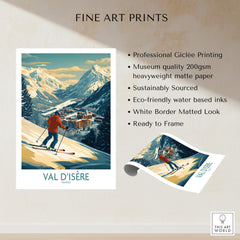 Val-d'Isère Wall Art Ski Poster featuring a skier, professional Giclée printing, and eco-friendly materials.