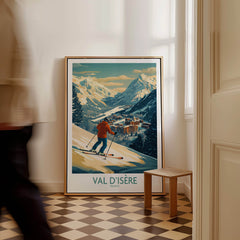 Val-d'Isère Wall Art Ski Poster showcasing a skier in the stunning Val-d'Isère landscape, perfect for ski enthusiasts.