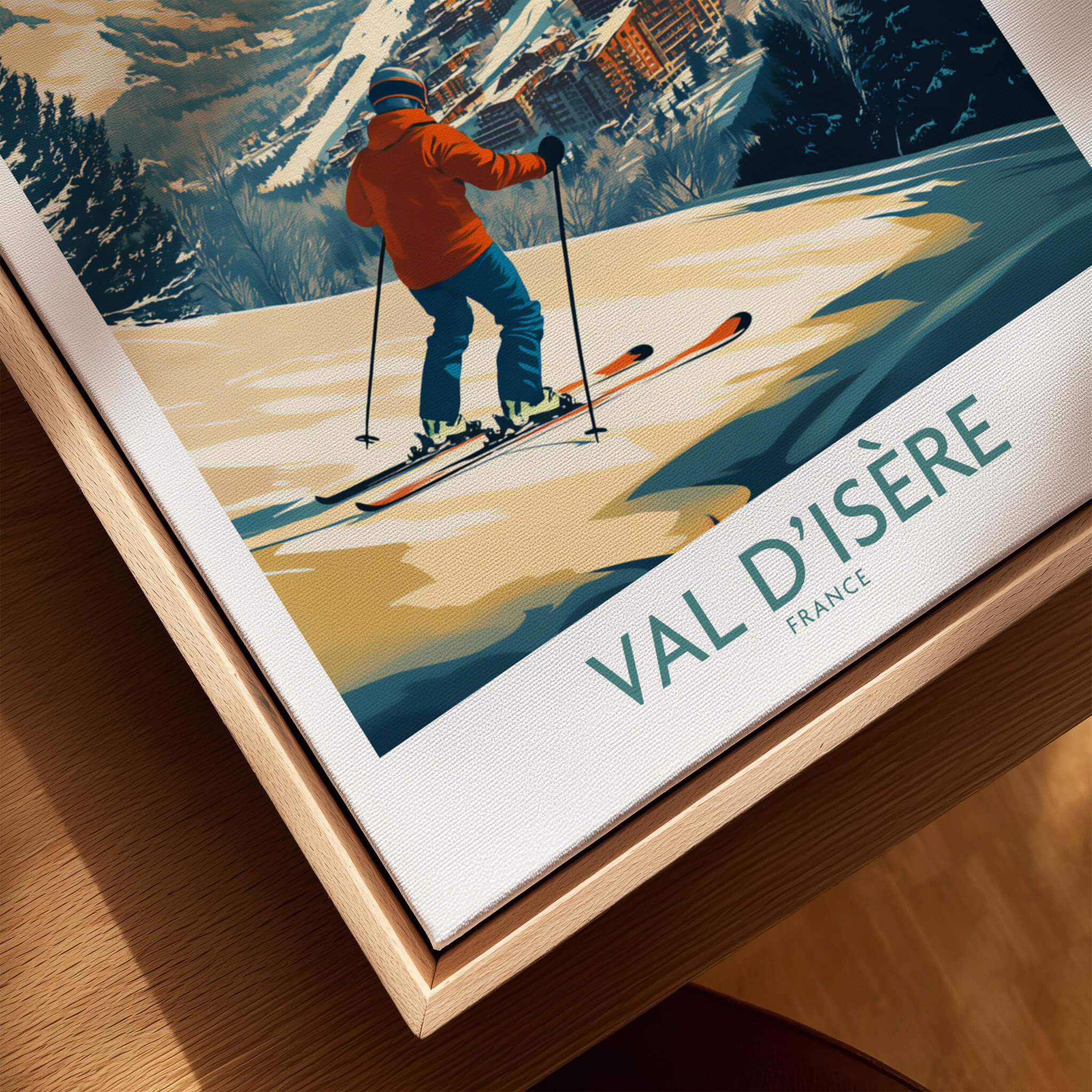 Val-d'Isère Wall Art Ski Poster featuring a skier on powder snow with a scenic backdrop in France.