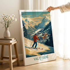 Val-d'Isère Wall Art Ski Poster featuring a skier amidst stunning mountain scenery.