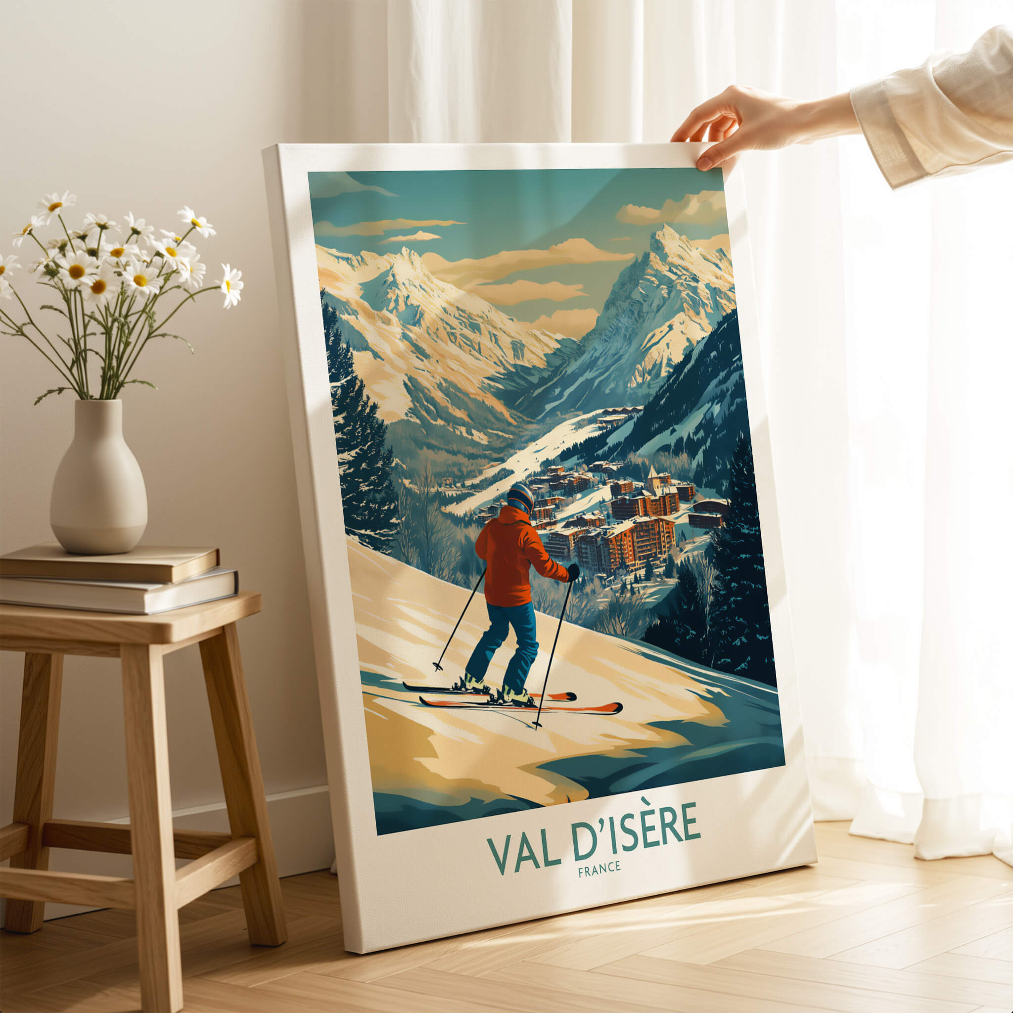 Val-d'Isère Wall Art Ski Poster featuring a skier amidst stunning mountain scenery.