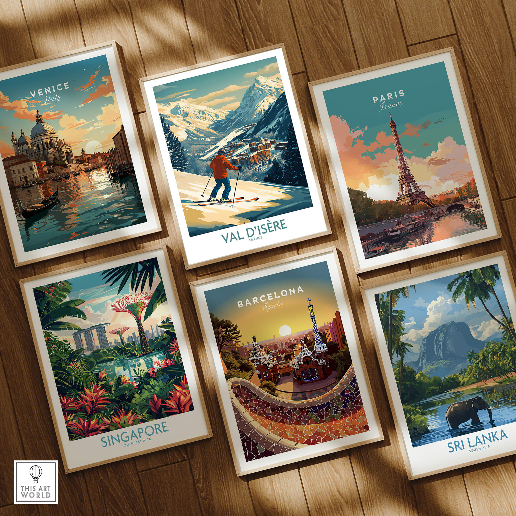 Val-d'Isère Wall Art Ski Poster and various travel art prints showcasing famous locations.