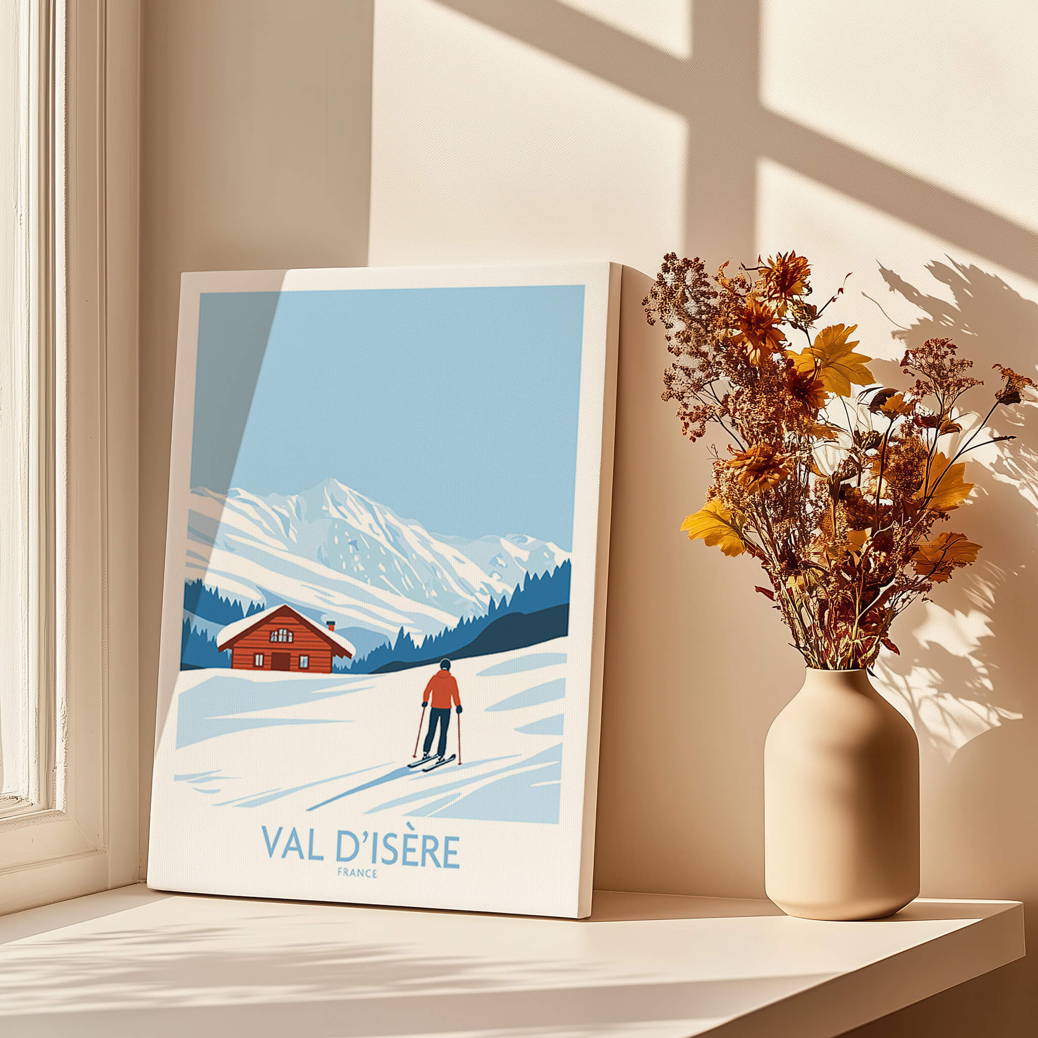 Val-d'Isère Print France poster featuring a skier on snowy slopes and a cozy cabin.