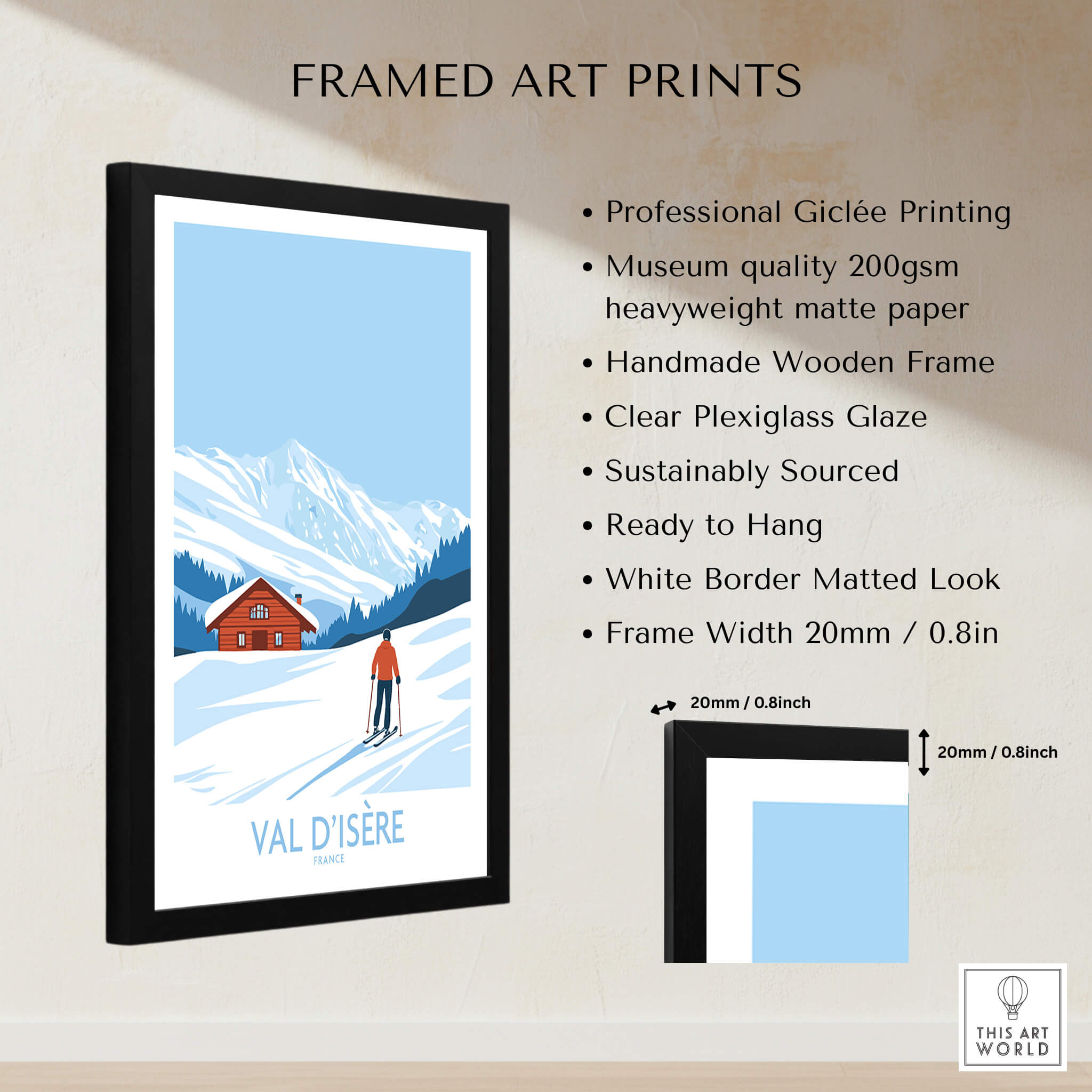 Val-d'Isère Print France framed art print showcasing a skier in the snowy mountains of Val-d'Isère.