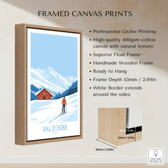 Framed Val-d'Isère Print France featuring a snowy landscape and skier, perfect for ski enthusiasts.