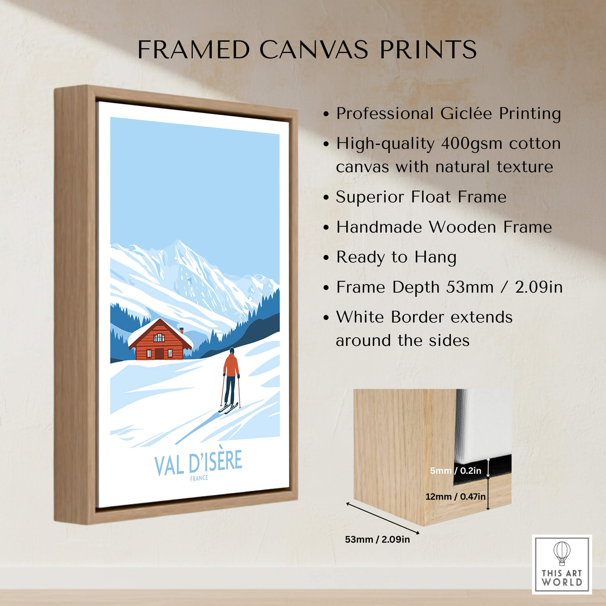 Framed Val-d'Isère Print France featuring a snowy landscape and skier, perfect for ski enthusiasts.