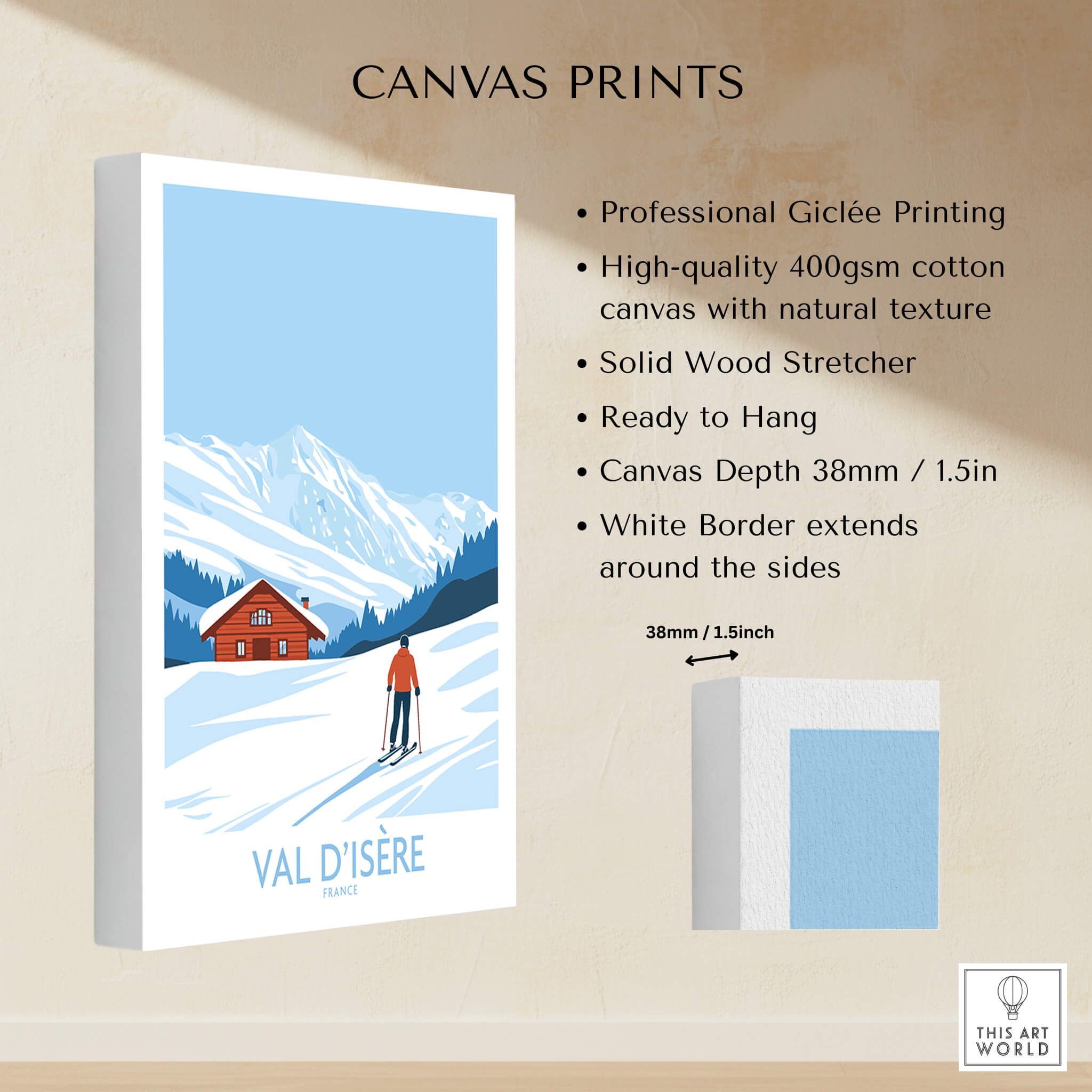 Val-d'Isère Print France Giclée canvas print showcasing a snow-covered landscape and ski theme.