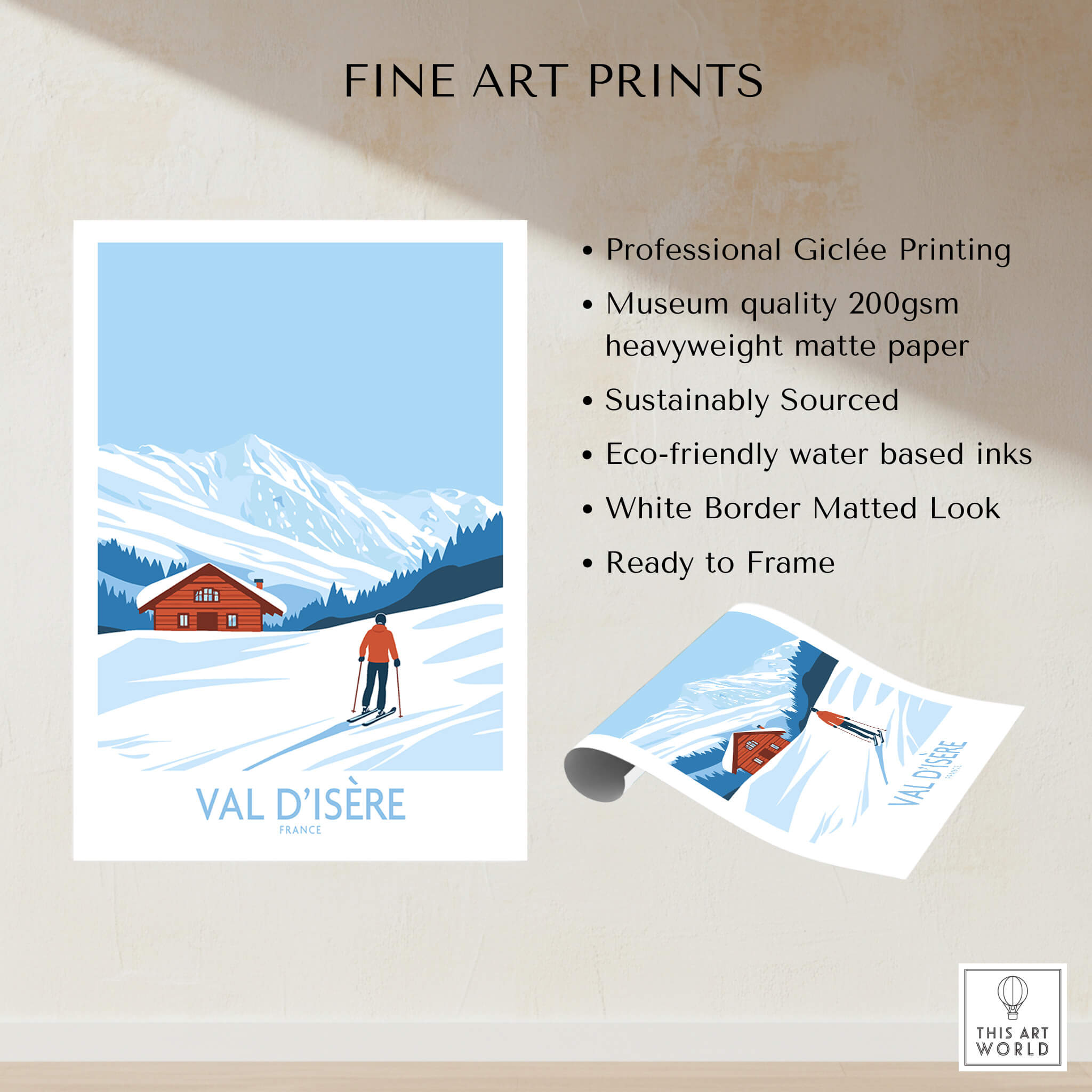 Val-d'Isère Print France showcasing a skier in snowy mountains with a cozy chalet, ideal for home decor.