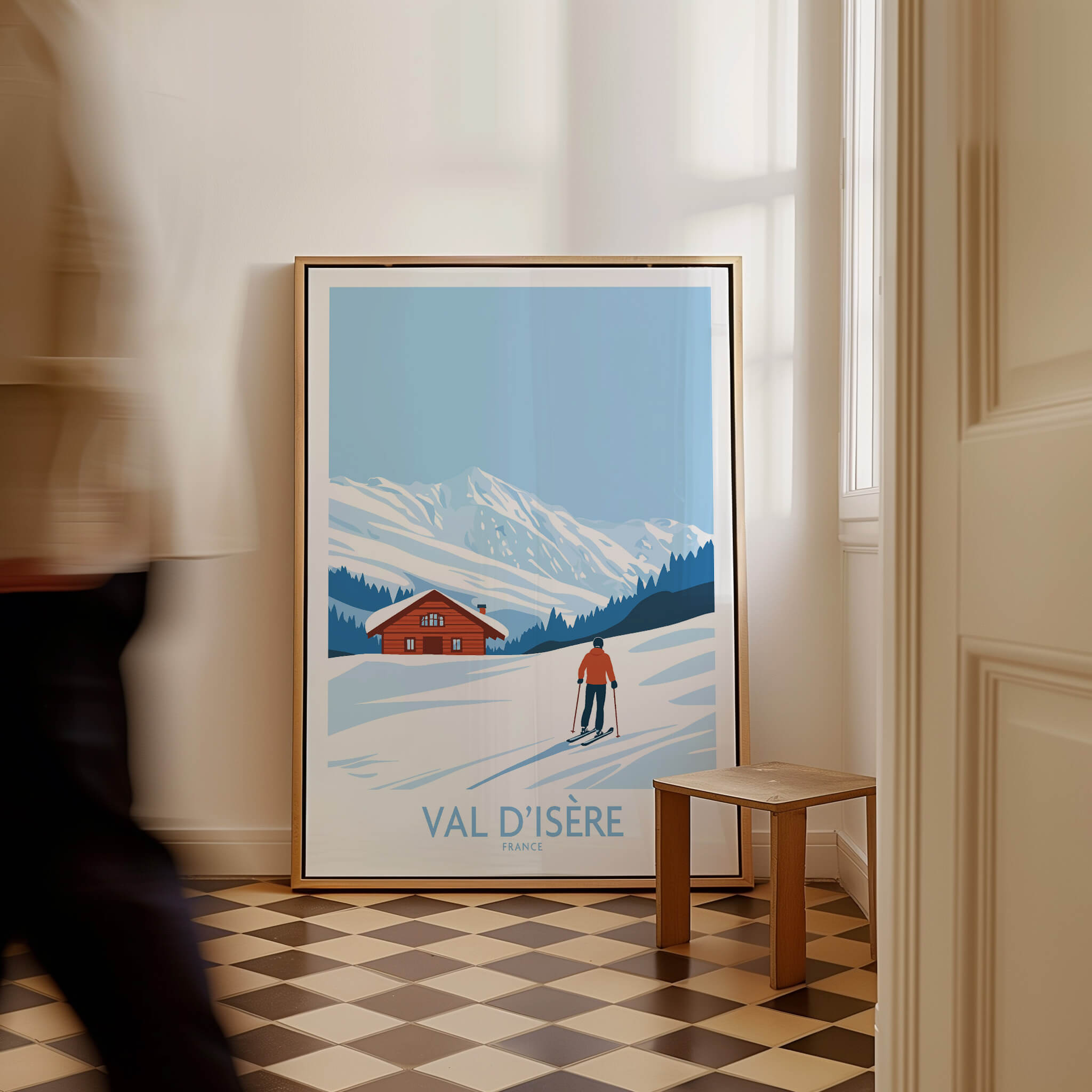 Val-d'Isère Print France ski poster in a stylish interior setting with person walking by.