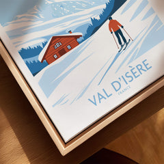 Val-d'Isère Print France featuring a skier and mountain scenery in a beautiful retro ski poster design.
