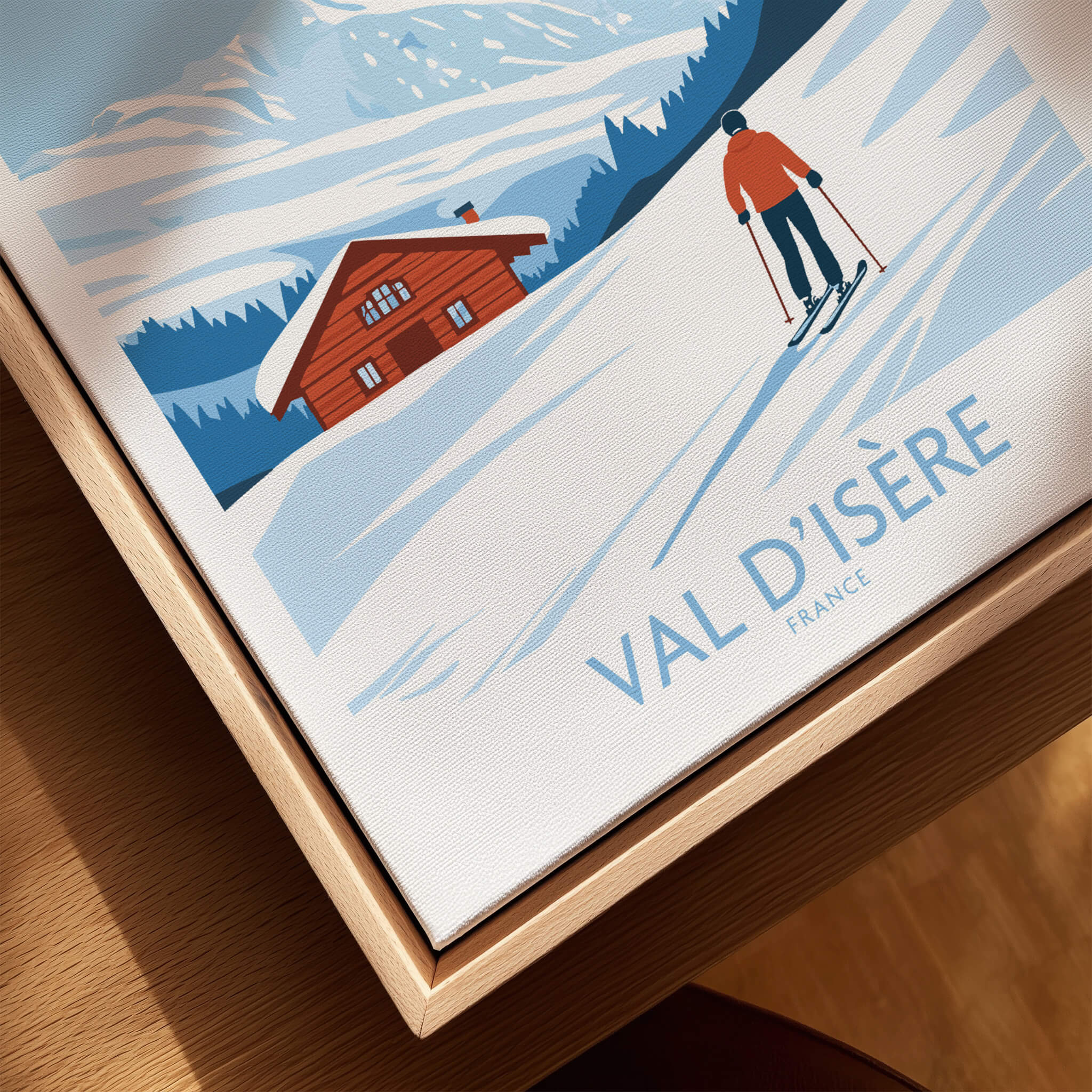 Val-d'Isère Print France featuring a skier and mountain scenery in a beautiful retro ski poster design.