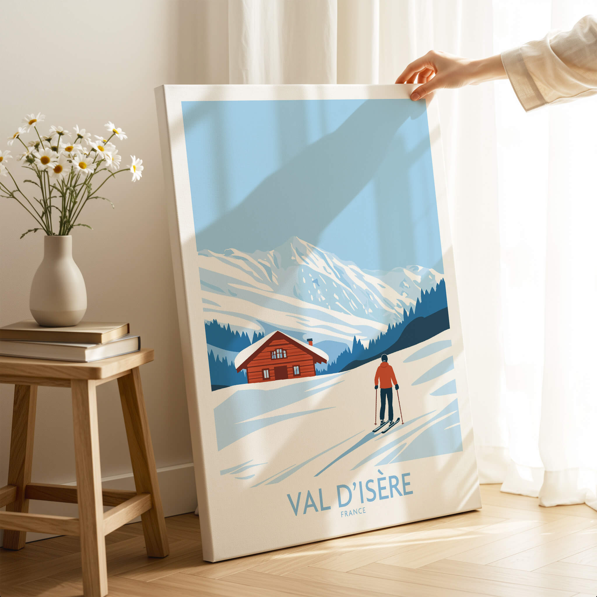 Val-d'Isère Print France poster showcasing ski slopes and chalet in a beautiful setting.