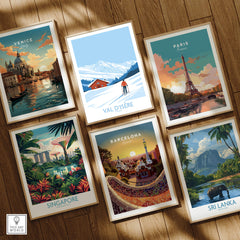 Val-d'Isère Print France ski poster collection featuring scenic artworks including Venice, Paris, Singapore, Barcelona, and Sri Lanka.