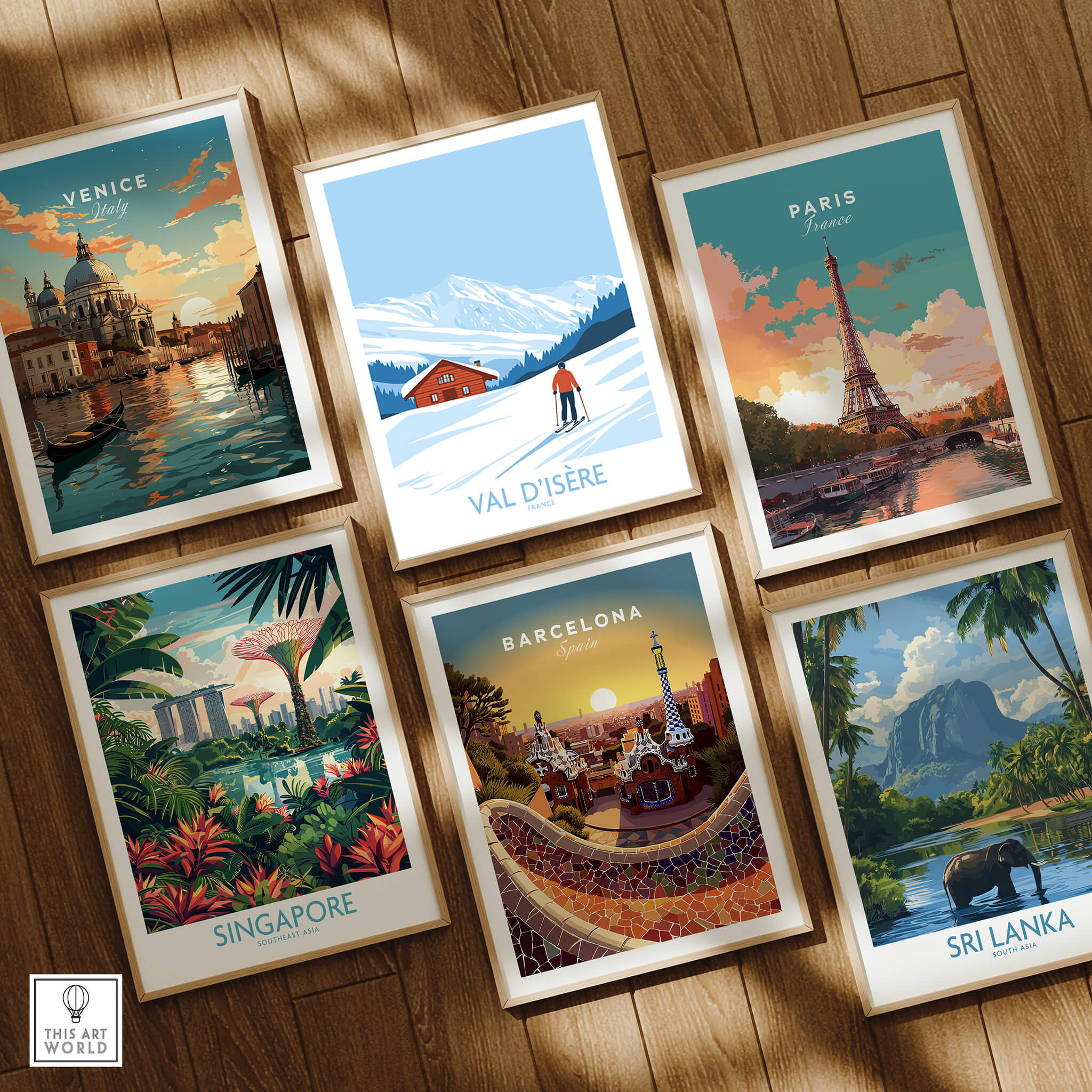 Val-d'Isère Print France ski poster collection featuring scenic artworks including Venice, Paris, Singapore, Barcelona, and Sri Lanka.