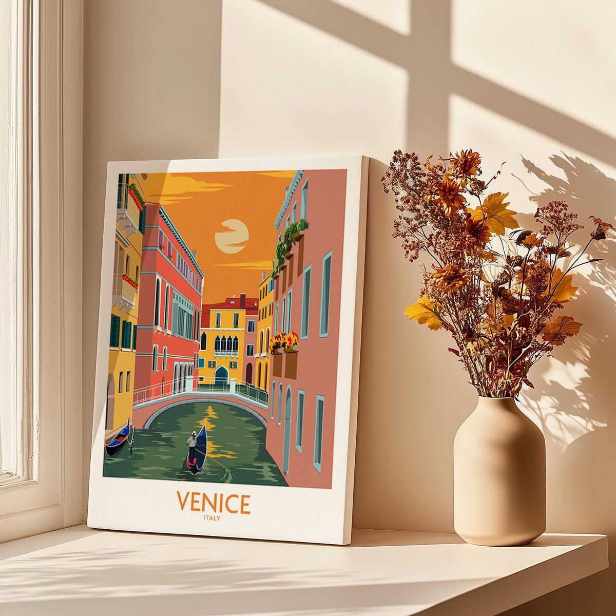 Venice Poster Travel Print showcasing vibrant canals and colorful buildings in a charming Venice scene.