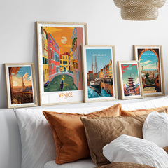Venice Poster Travel Print displayed on a wall with other travel art, highlighting Venice's iconic canals and charm.