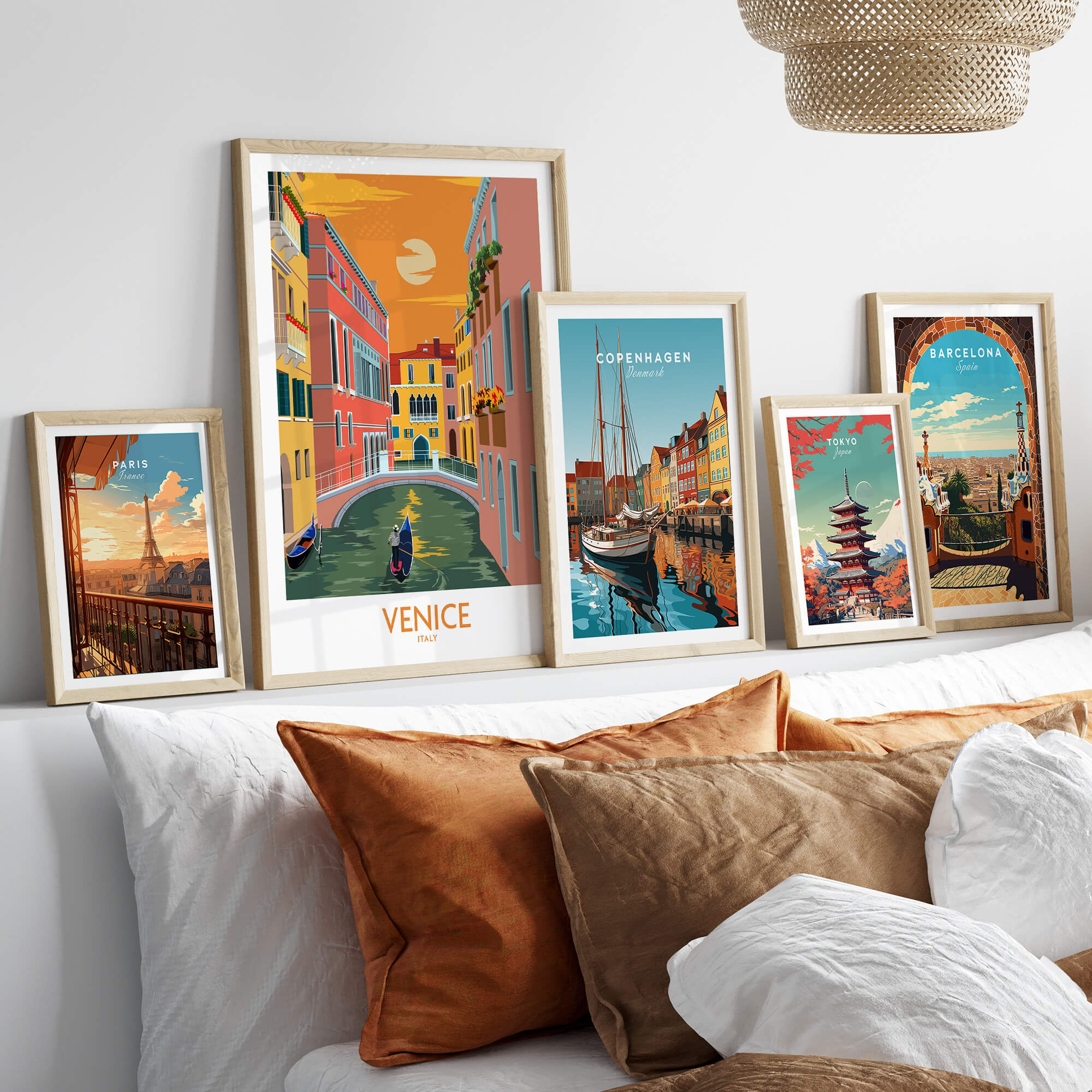 Venice Poster Travel Print displayed on a wall with other travel art, highlighting Venice's iconic canals and charm.