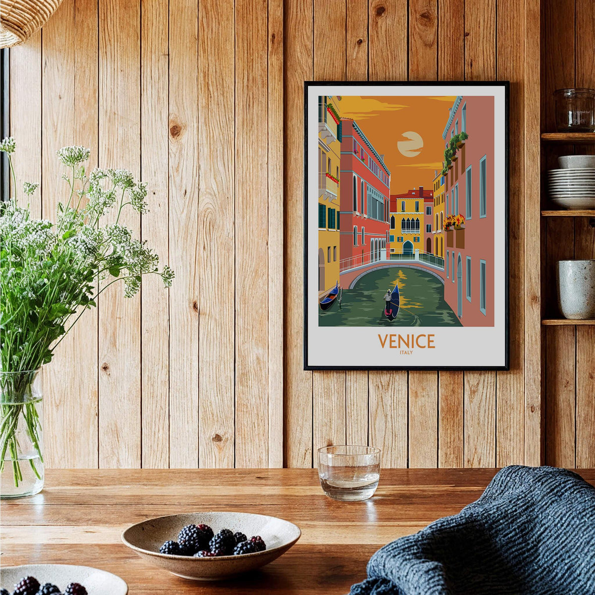 Venice Poster Travel Print showcasing the iconic canals and vibrant colors of Venice, perfect for home decor.