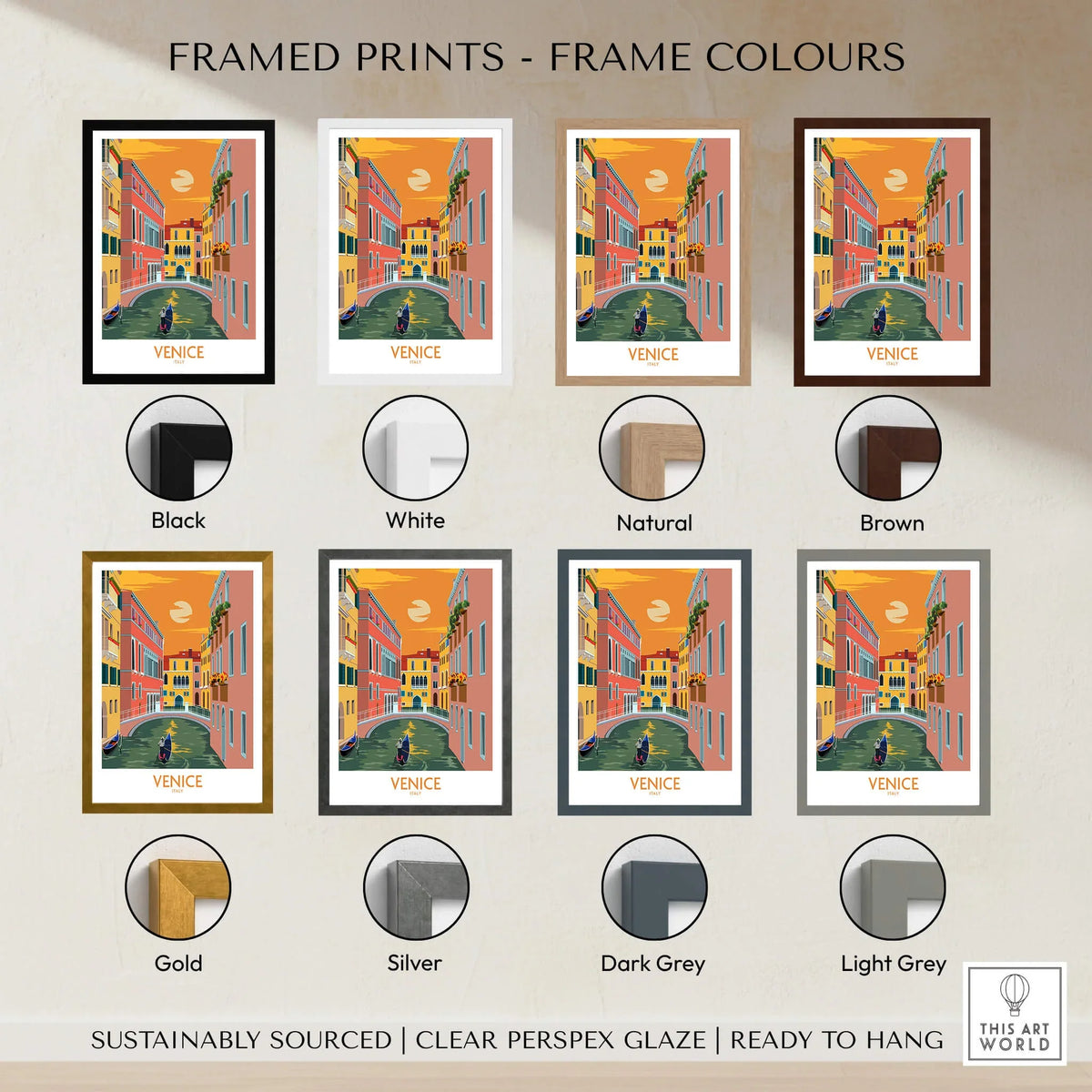 Venice Poster Travel Print framed in various colors including black, white, natural, brown, gold, silver, dark grey, and light grey.
