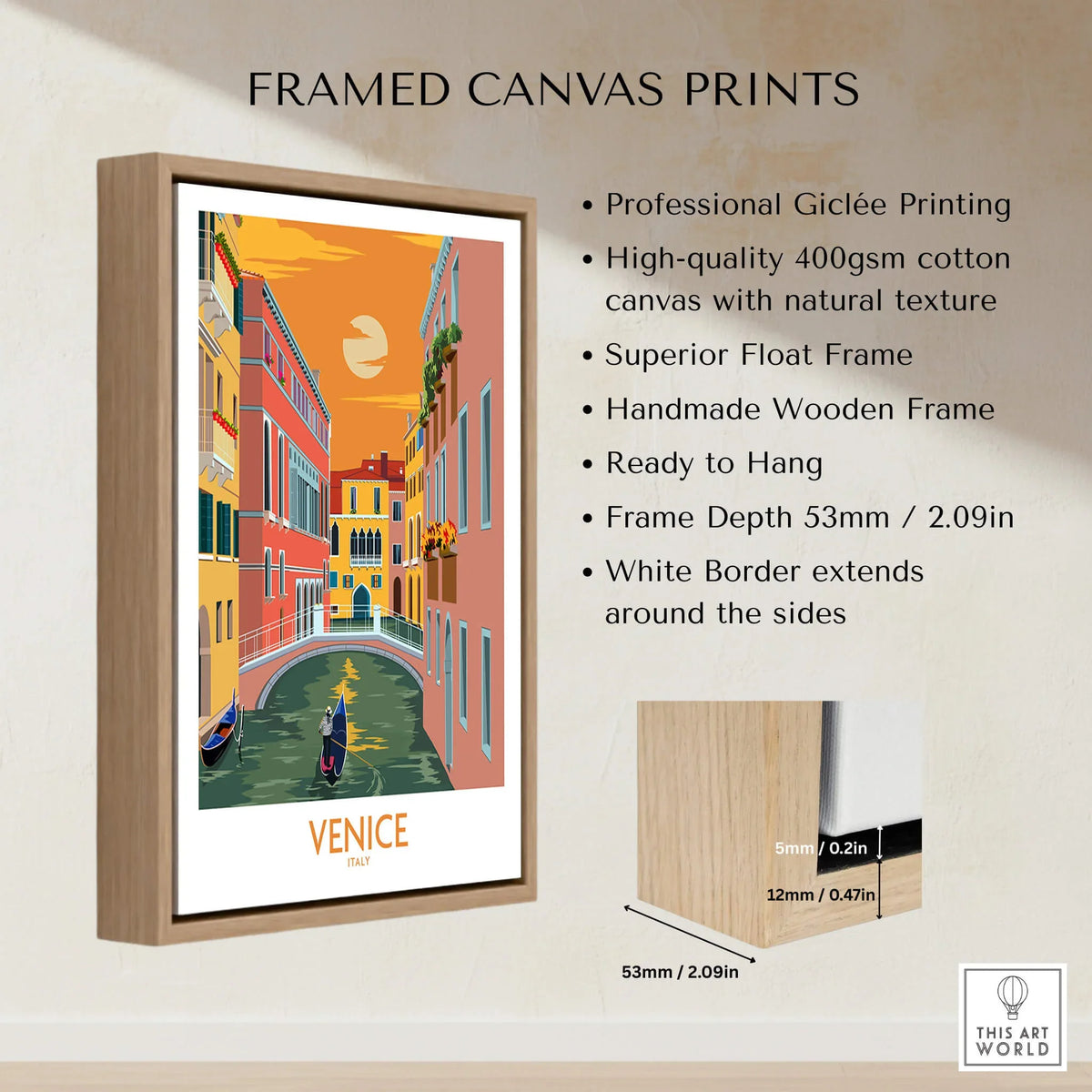 Framed Venice Poster Travel Print featuring iconic canals, handmade frame, and ready to hang design.