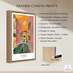 Framed Venice Poster Travel Print featuring iconic canals, handmade frame, and ready to hang design.