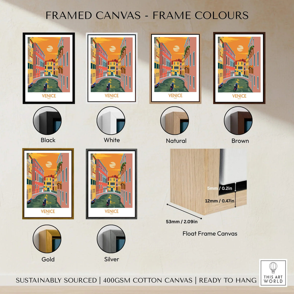 Venice Poster Travel Print canvas options in various frame colors including black, white, natural, brown, gold, and silver.