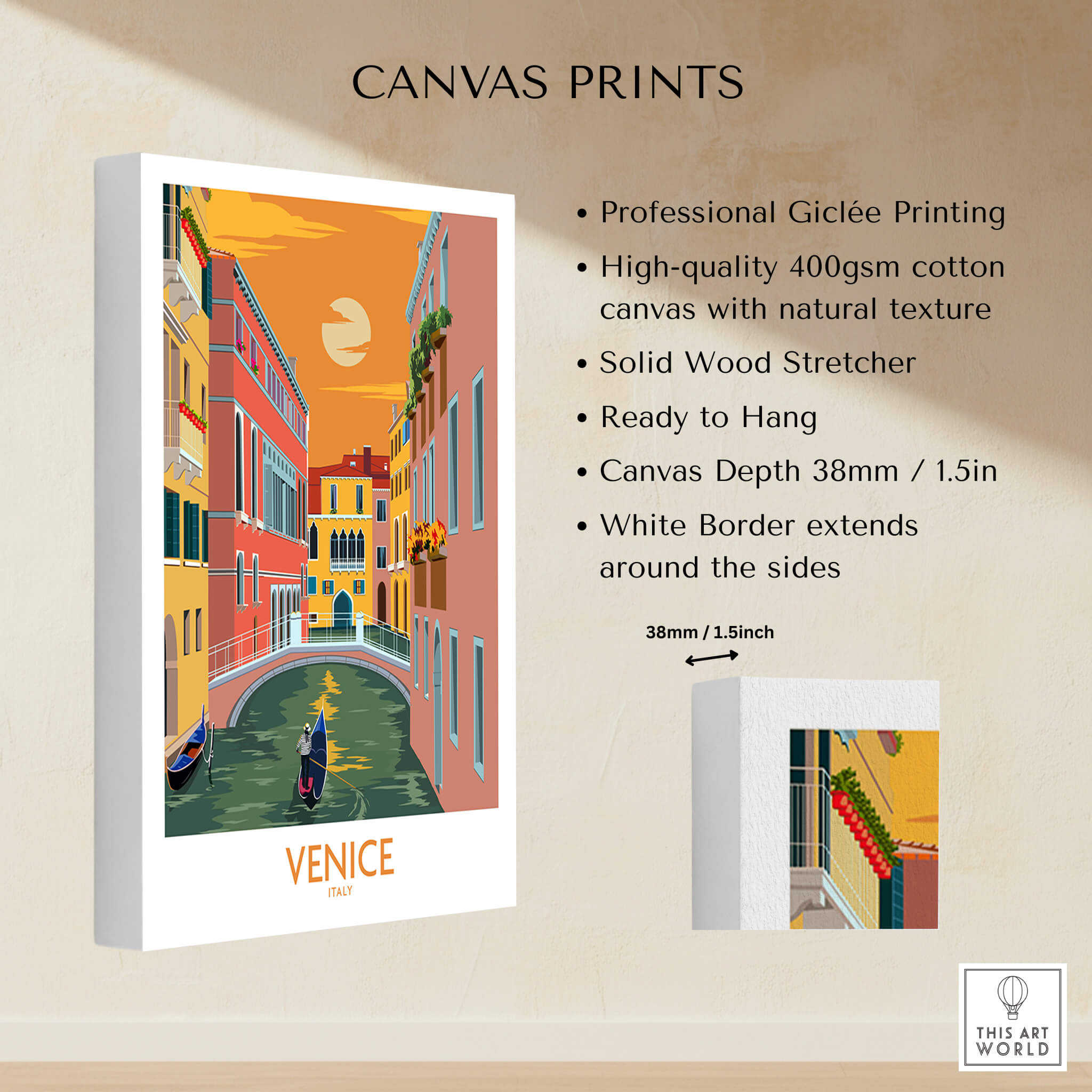 Venice Poster Travel Print featuring vibrant canals and sunset in Venice, ready to hang on your wall.